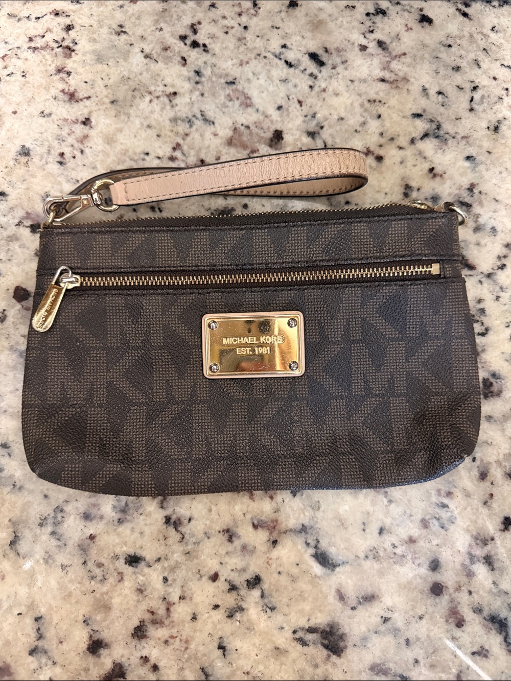 Michael Kors Dark Brown Logo Wristlet Clutch with Tan Strap